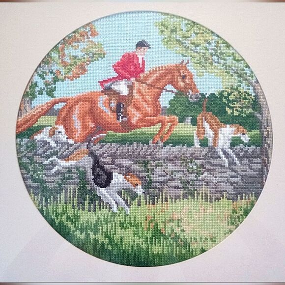 Equestrian Needlepoint 1980s Framed Artwork Vintage 16.5" X 16.5" - Picture 2 of 7